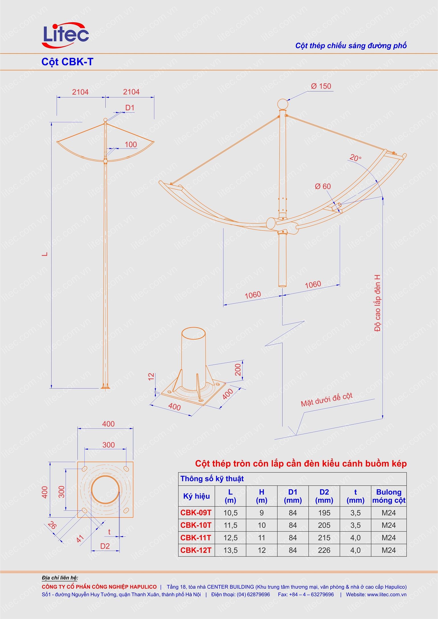 Cột đèn tròn côn lắp cần cánh buồm kép