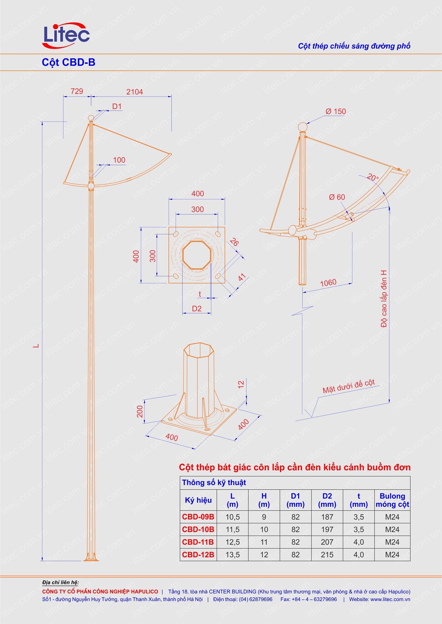 Cột đèn bát giác lắp cần cánh buồm đơn